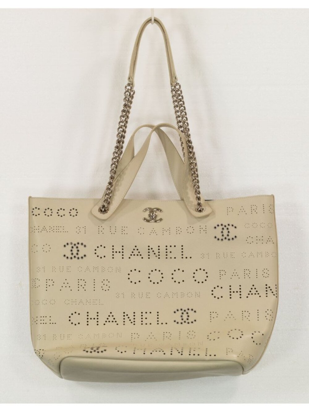 CHANEL Eyelet Leather Shopping Tote Bag with Chain Handles 2019 Collection